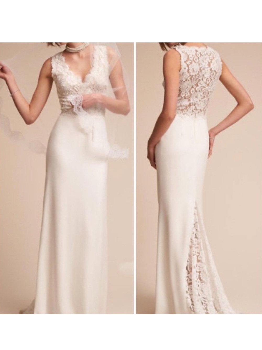 Tadashi Shoji “Andora” Ivory Lace-Back Sheath Style Wedding Dress